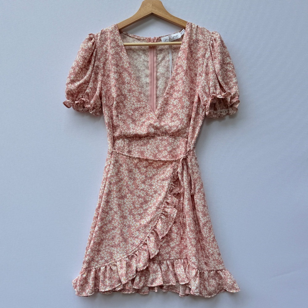 NEW Petal + Pup Mini Dress Women 4 US Floral Pink White Ruffle Wrap‎ Cottagecore
